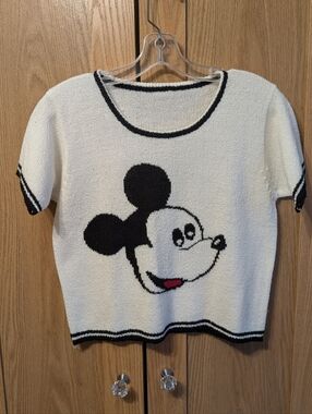 White and Black Mickey Mouse Graphic Short Sleeve Sweater